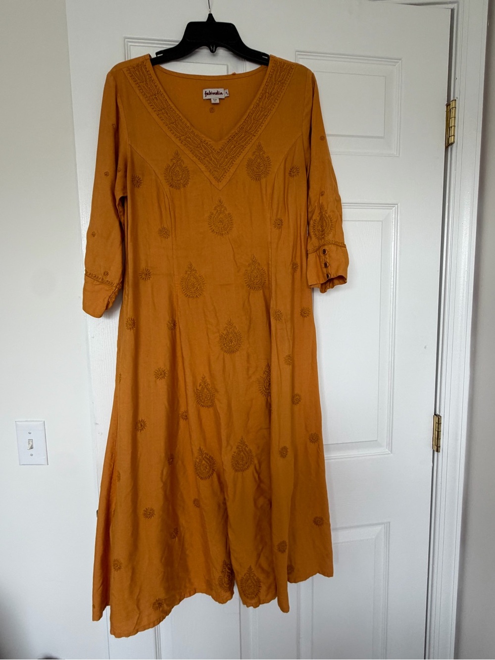 fabindia Mustard Embroidered A-line Kurta Dress